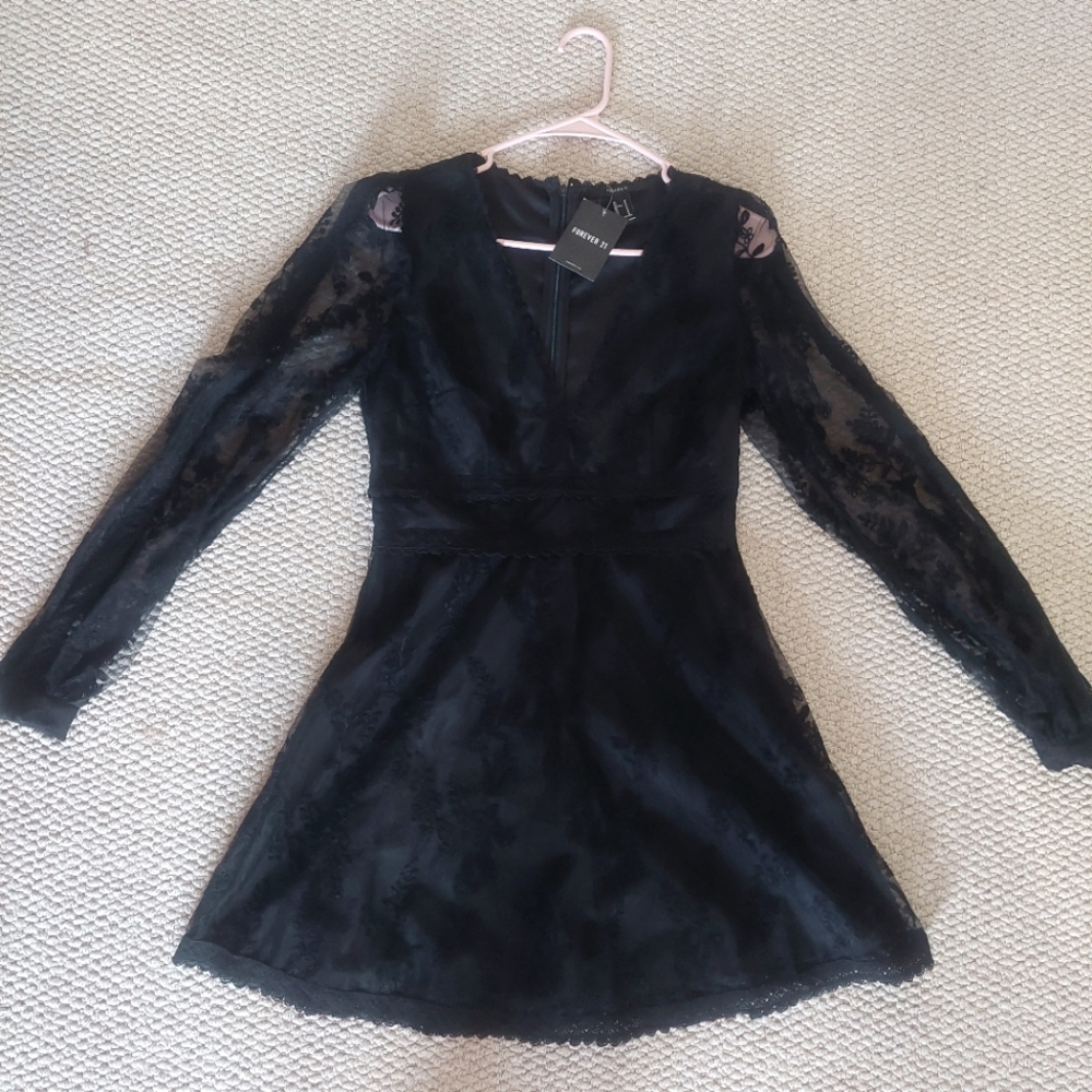 Black Lace Long transparent Sleeve mini Dress